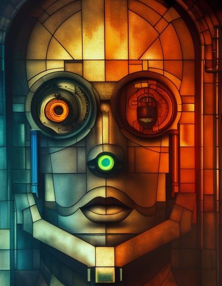 Cyberpunk Man: Bauhaus Poster with Steampunk Engine