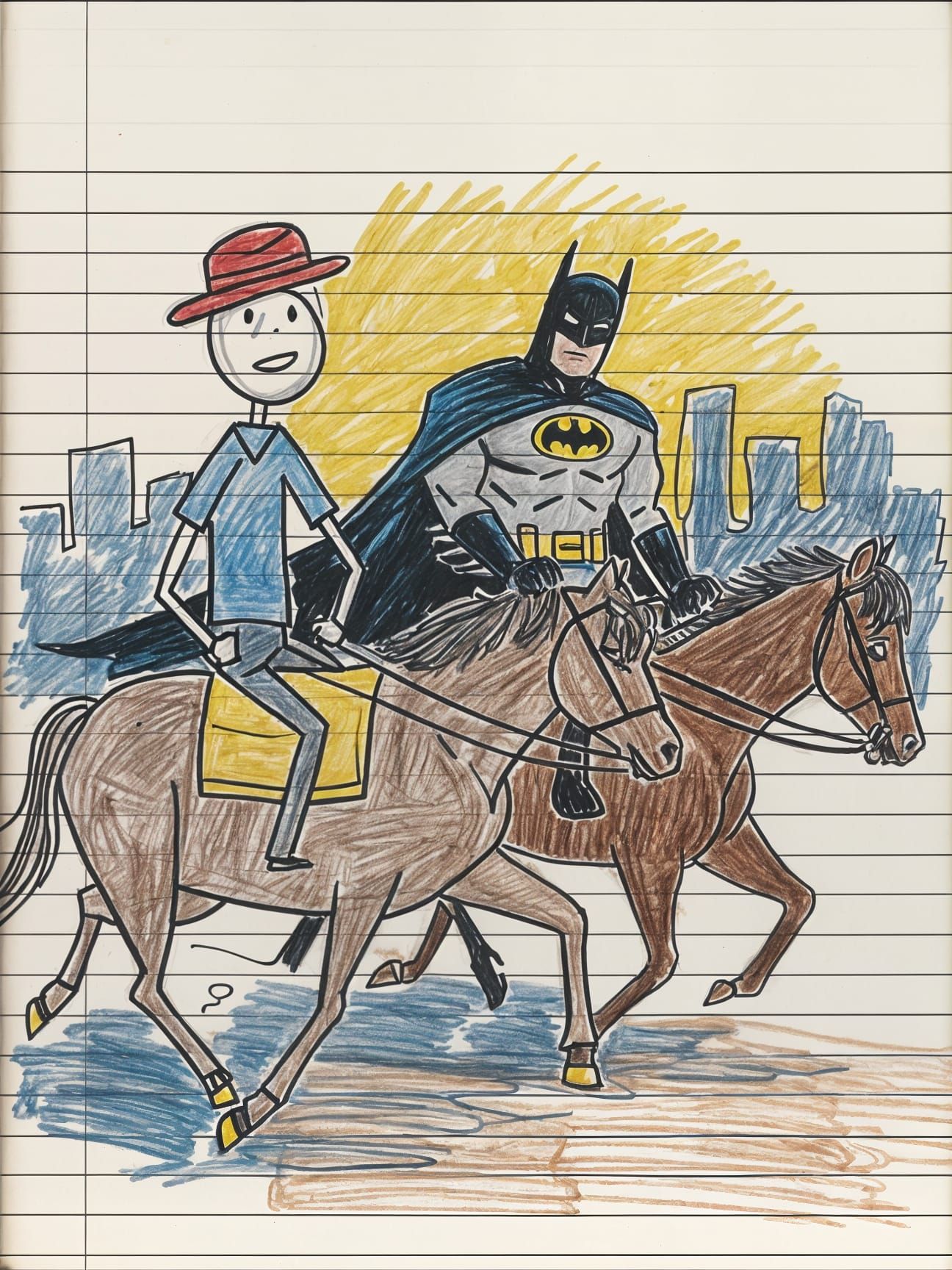 Whimsical Stick Figure and Batman Ride Horses in Colorful Cr...