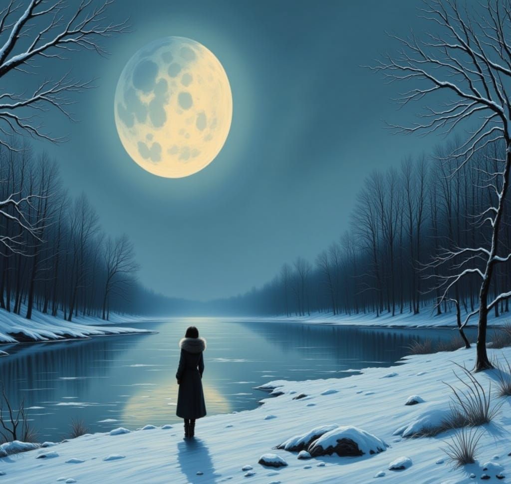 Winter Lake Crescent Moon, Shishkin, Monet, Gurney Style