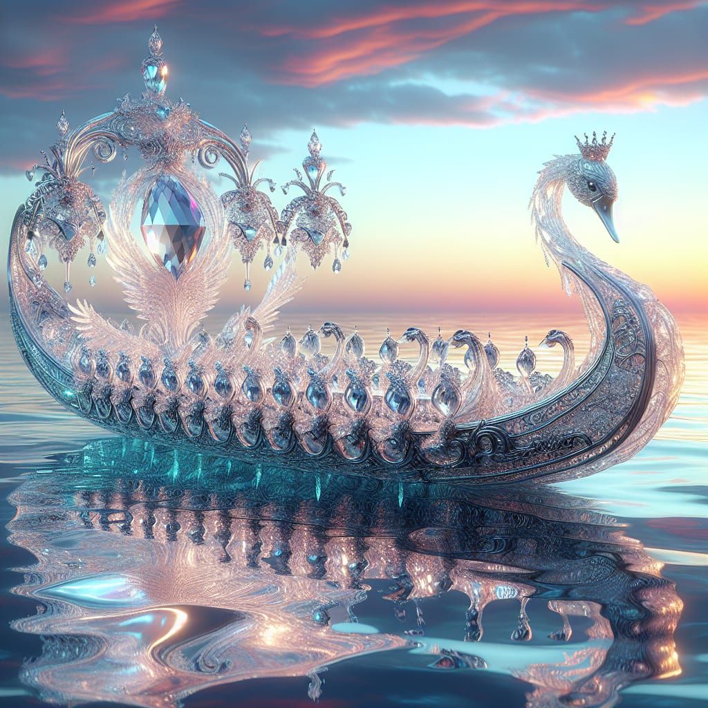 Ethereal Crystal Swan Boat on Sunset Ocean