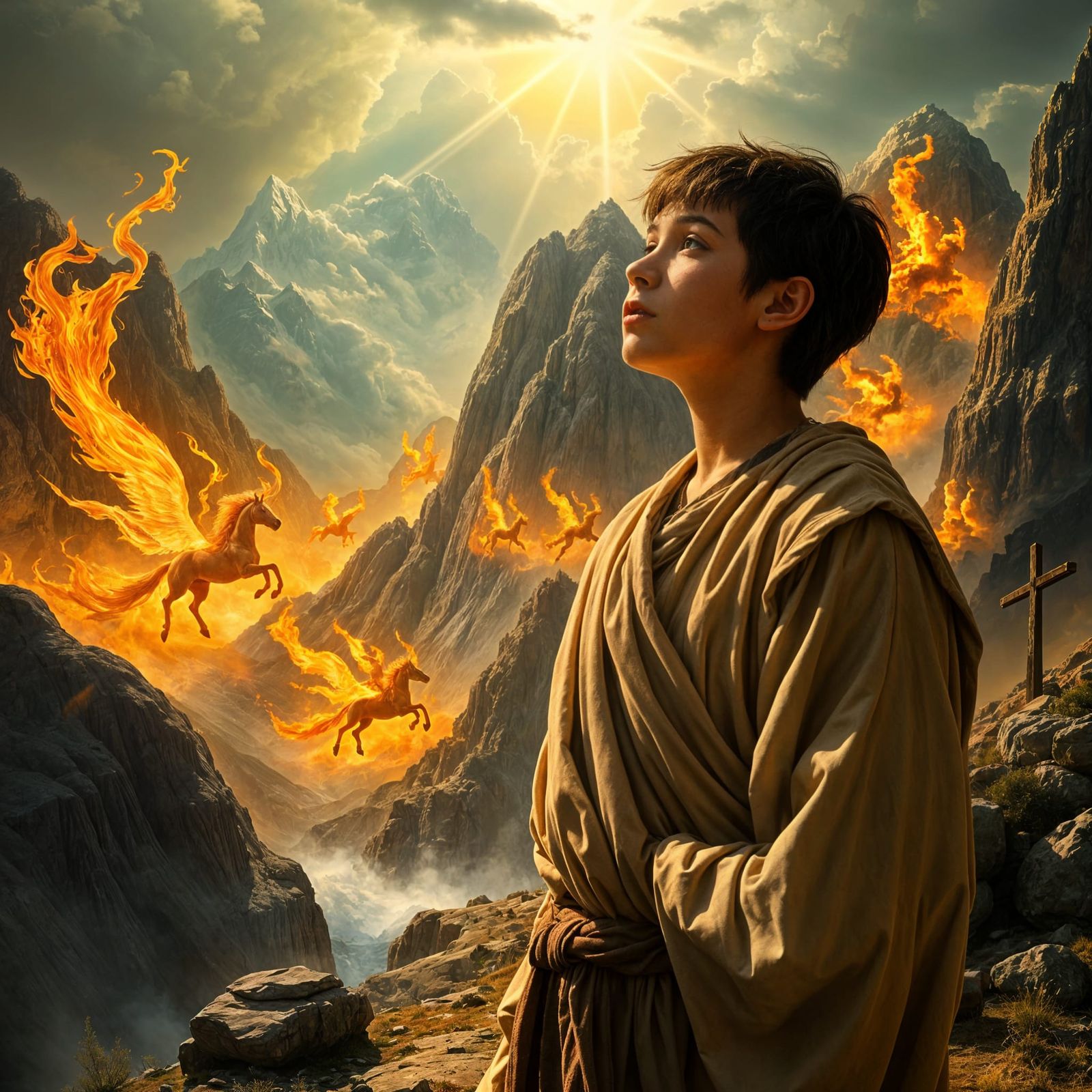 Majestic Vision of Chariots of Fire on a Mountain