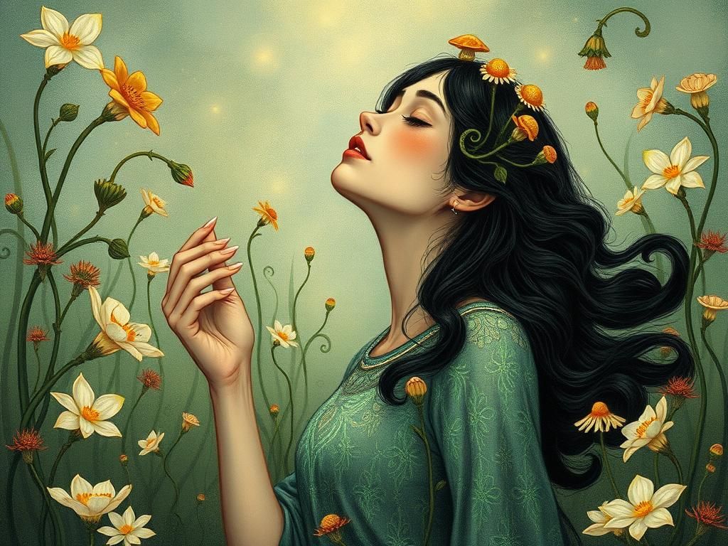 Woman in Mystical Wildflower Garden: Dreamlike Fantasy Art