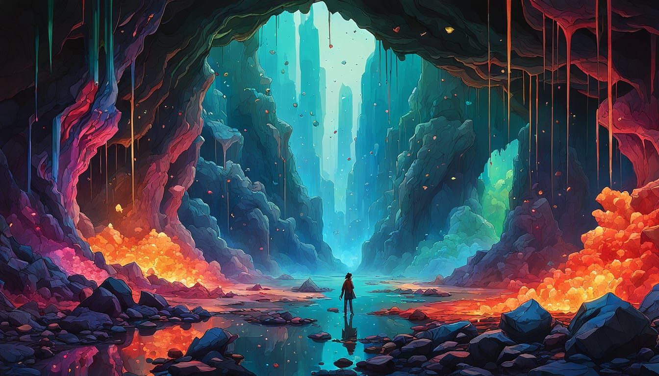 Dreamy Rainbow Cavern Scene in Vibrant Colors