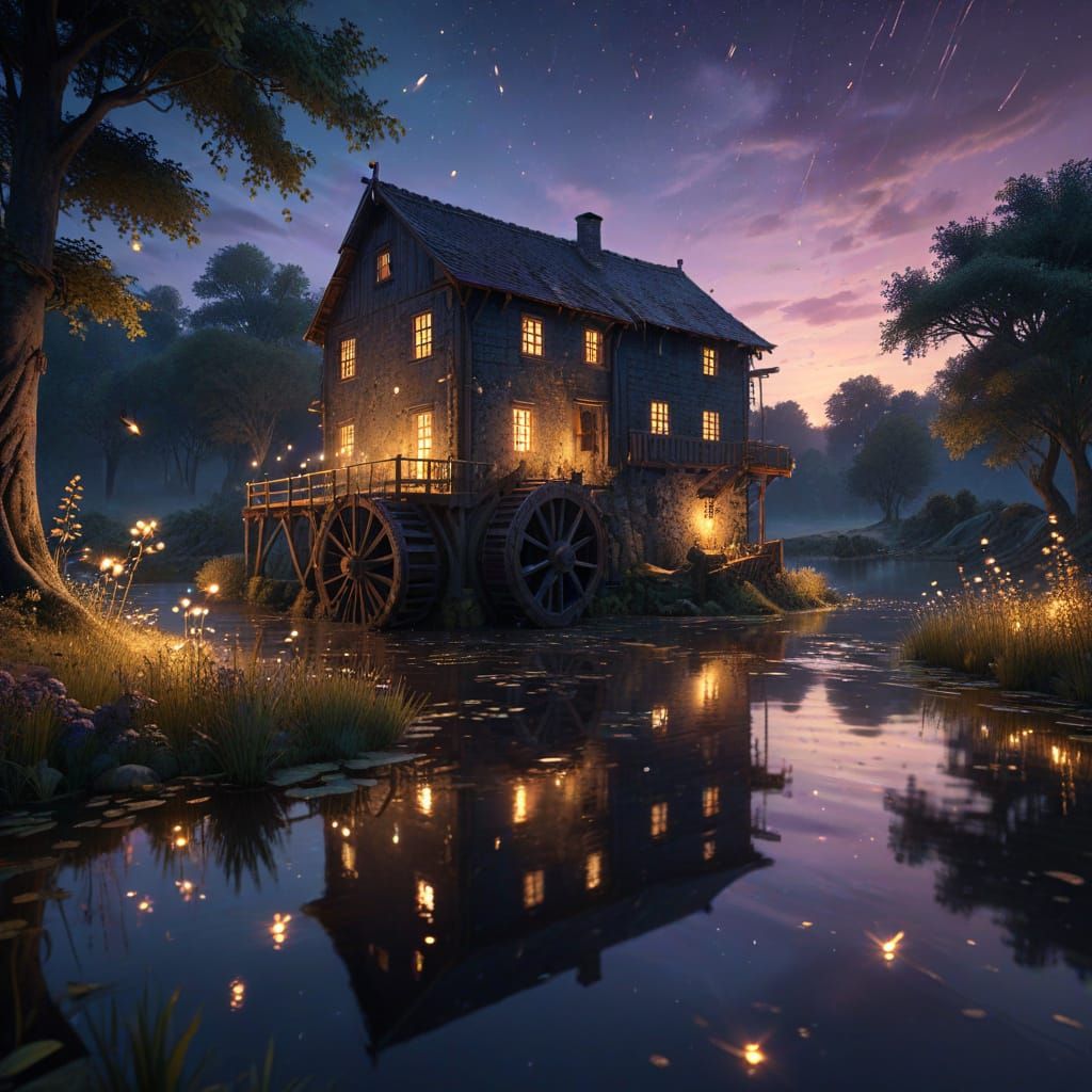 Watermill at Twilight: A Digital Matte Painting