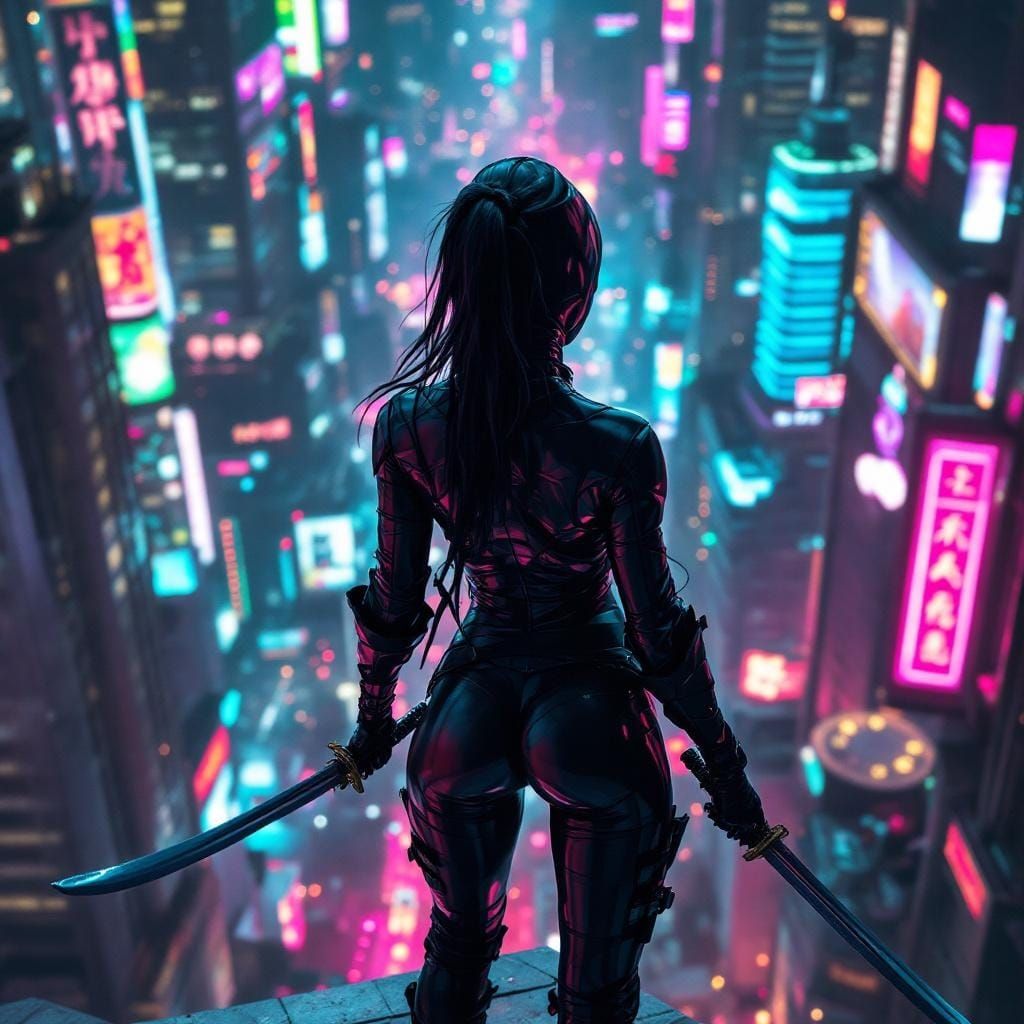 Cyberpunk Ninja Stands Guard Over the Neon City