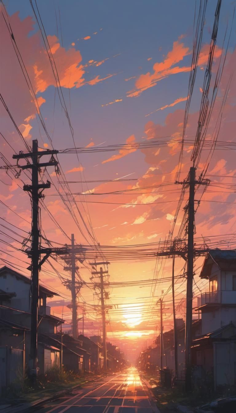 Anime Sunset with Power Lines and Brush Strokes