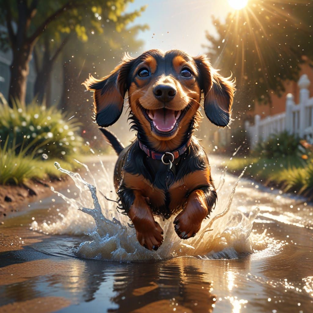 Joyful Dachshund Splashing Through Puddle: Digital Painting