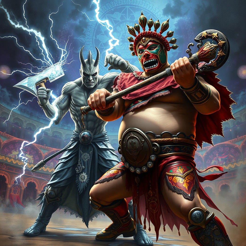 Ethereal Warrior Confronts Luchador in Gothic Arena