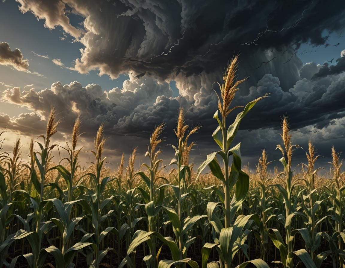 Threatening Storm Over Cornfield in Dark Fantasy Style