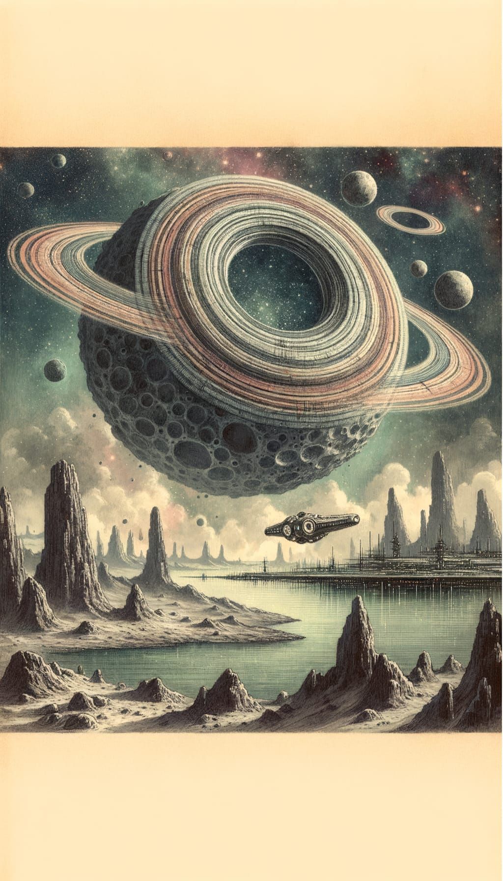 Torus Space Station in Outer Space, Watercolor Illustration