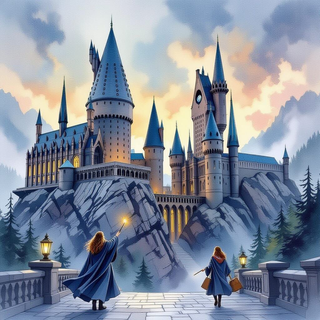 Mystical Hogwarts Castle: Watercolor and Futuristic Details
