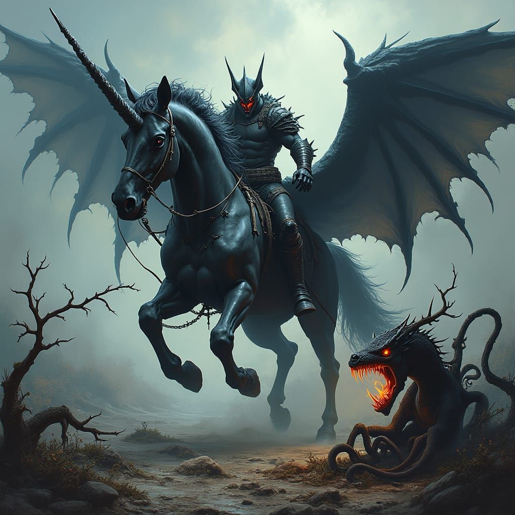 Armored Unicorn's Ruthless Charge in Dark Fantasy Style