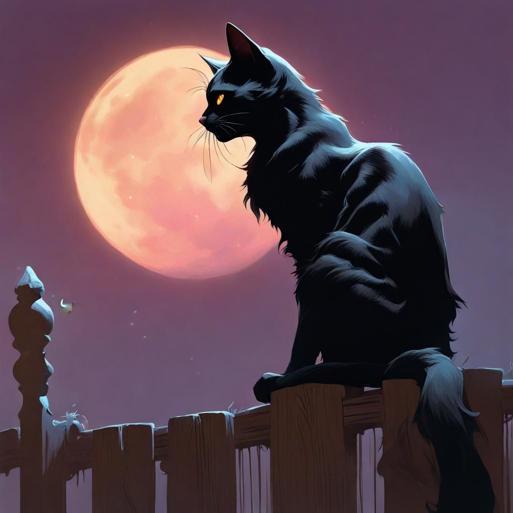 Mournful Black Cat Howling at Moon, Fantasy Art