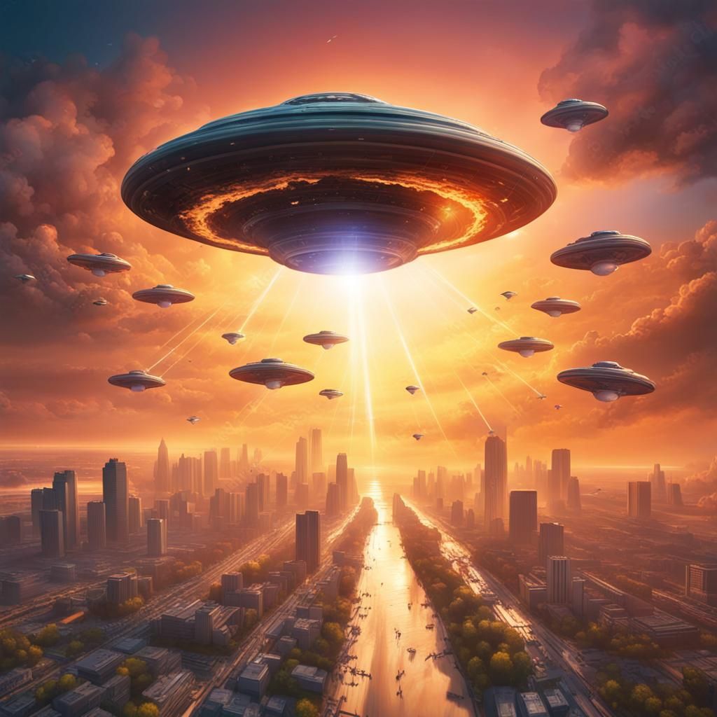 UFO Attack on Earth at Sunset: Hyperrealistic Splash Art