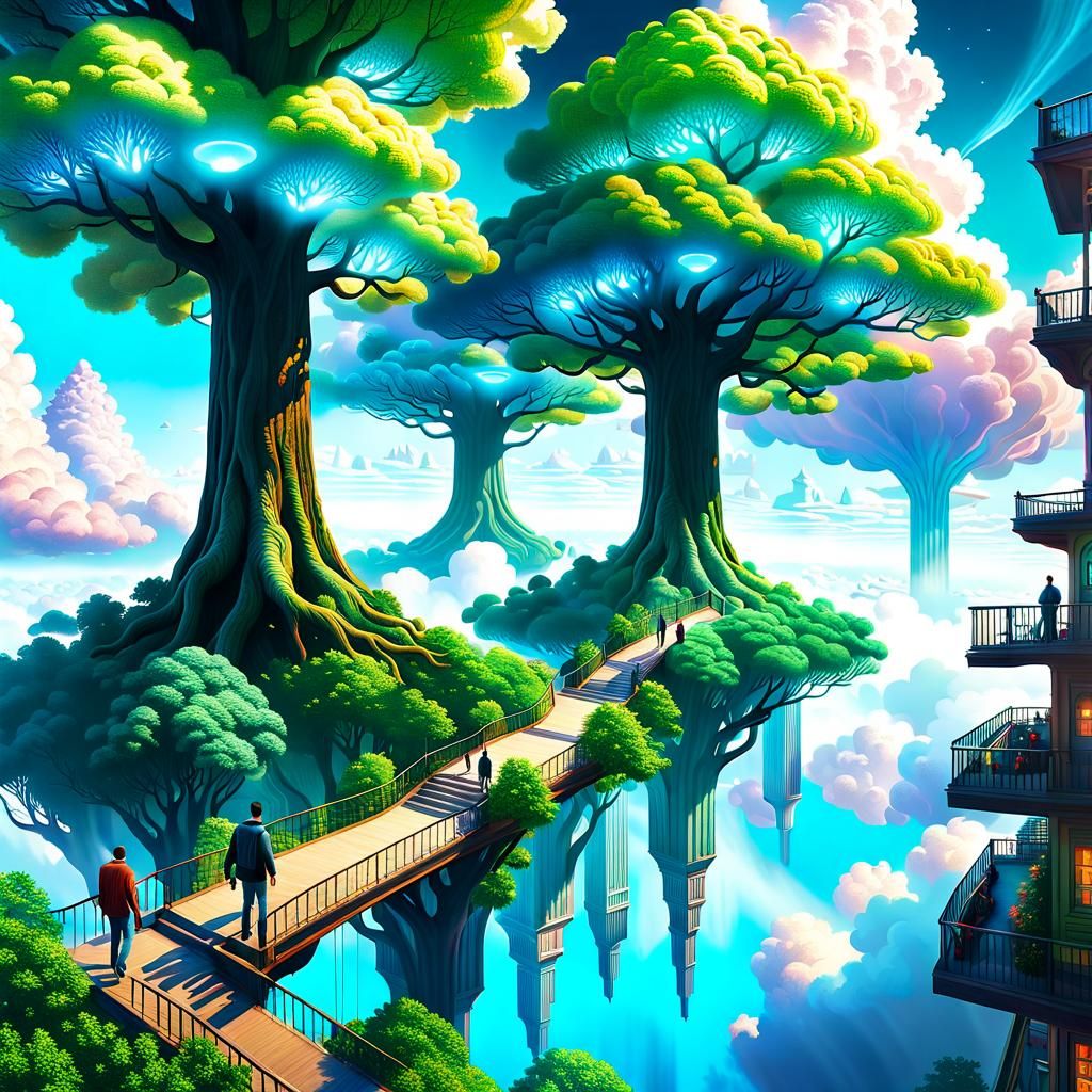 A vibrant, surreal cityscape inverted: trees grow from cloud...