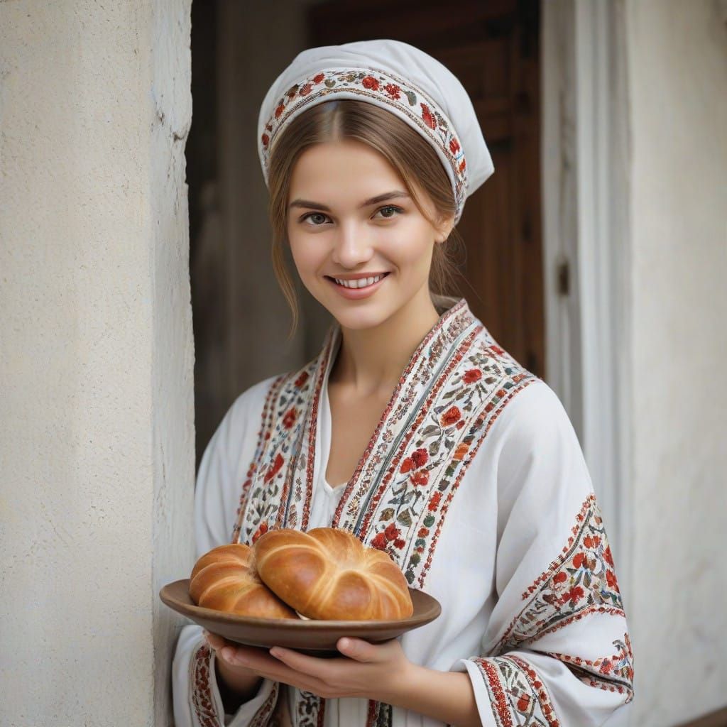 Warm Ukrainian Woman Presents Traditional Korovai in Folklor...