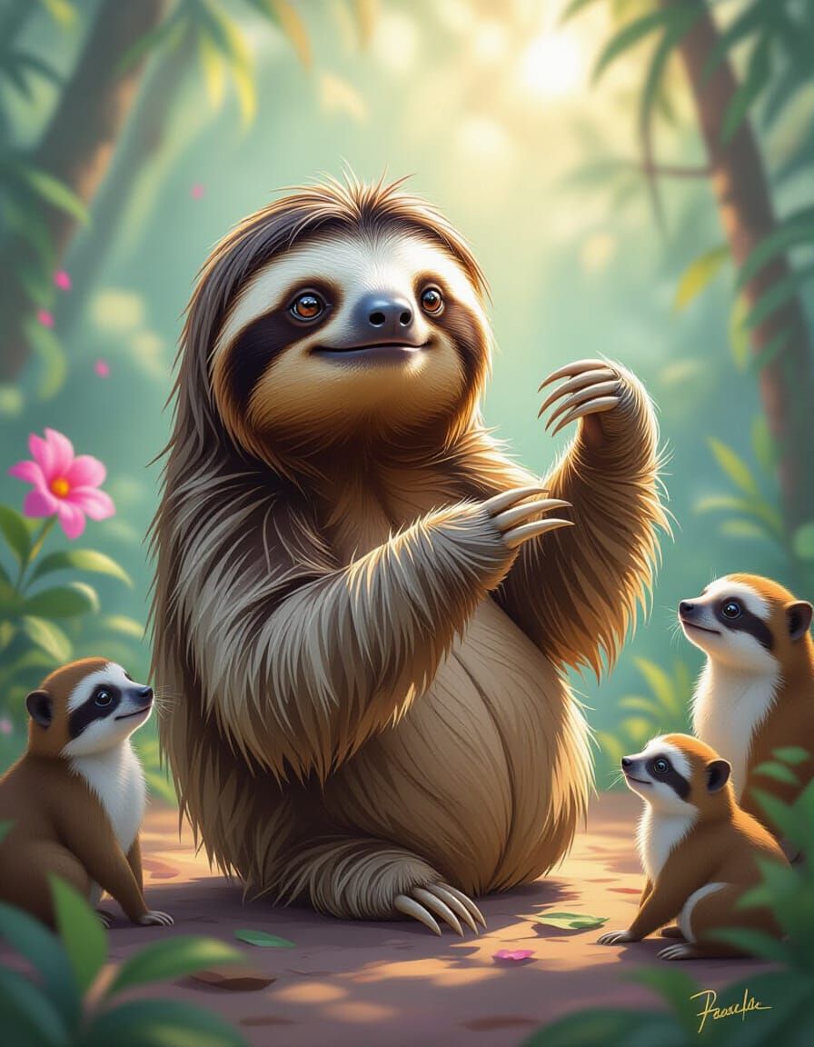 Salsa Dancing Sloth Admired by Animals in Pastel Art