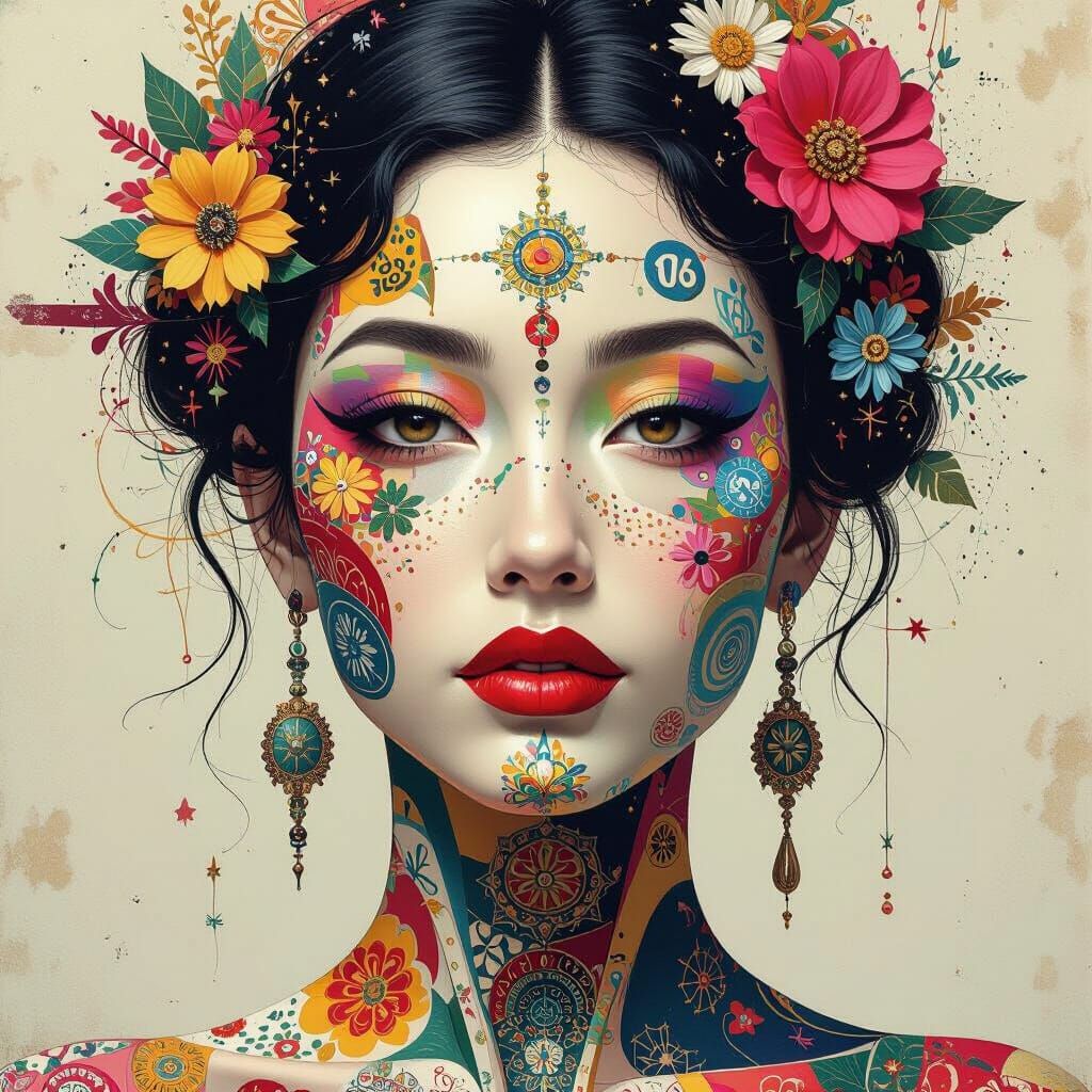 Detailed Collage Art of Human Form with Symbols