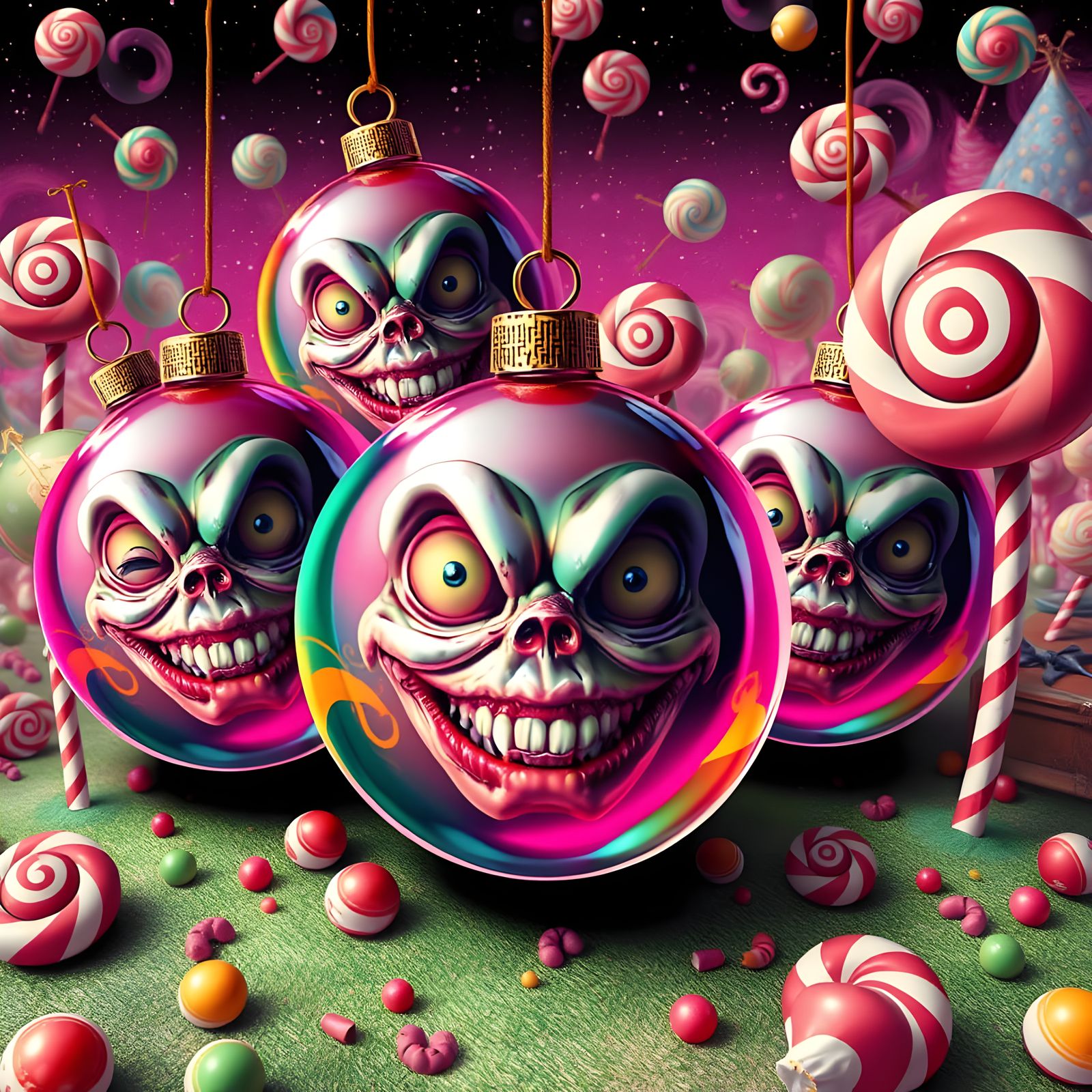 Vibrant Christmas Ornaments Mirror Sinister Faces in Whimsic...