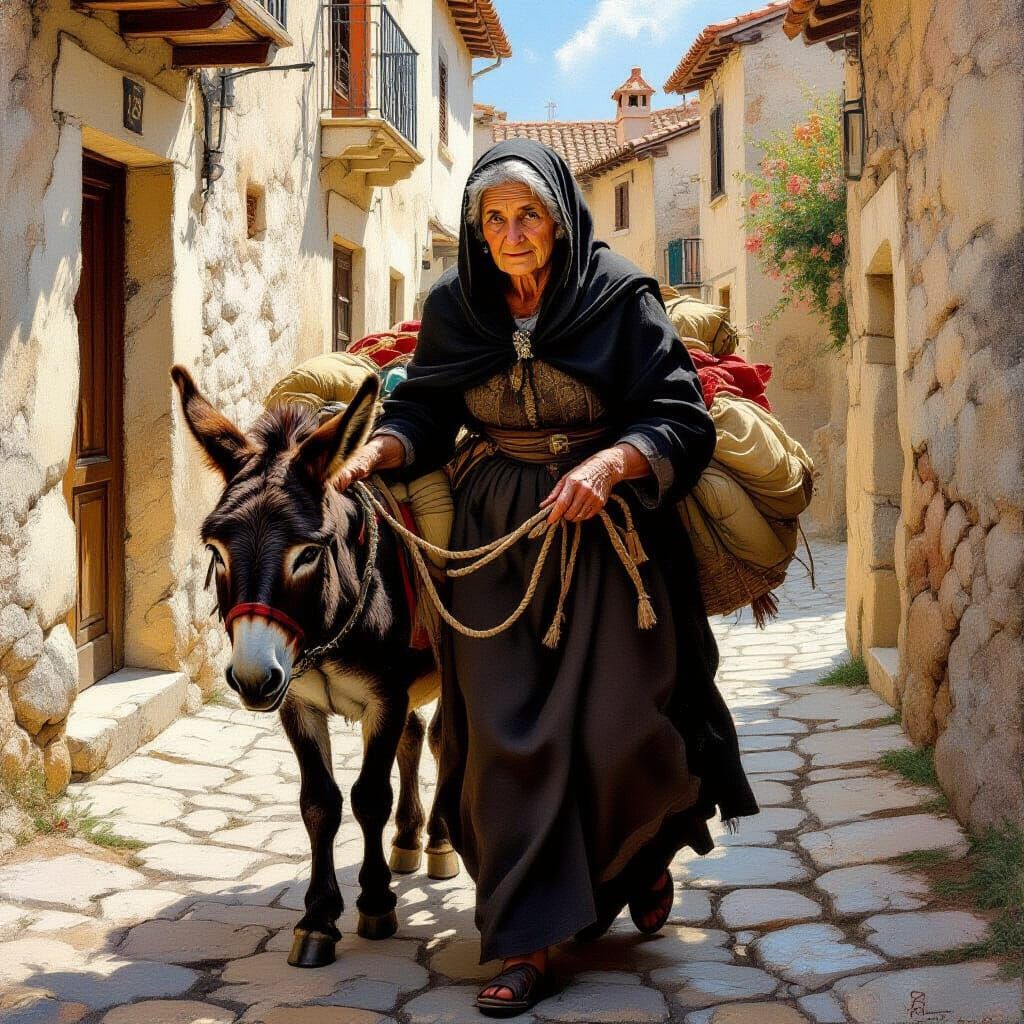 Baroque Oil Painting of Sicilian Elder and Donkey