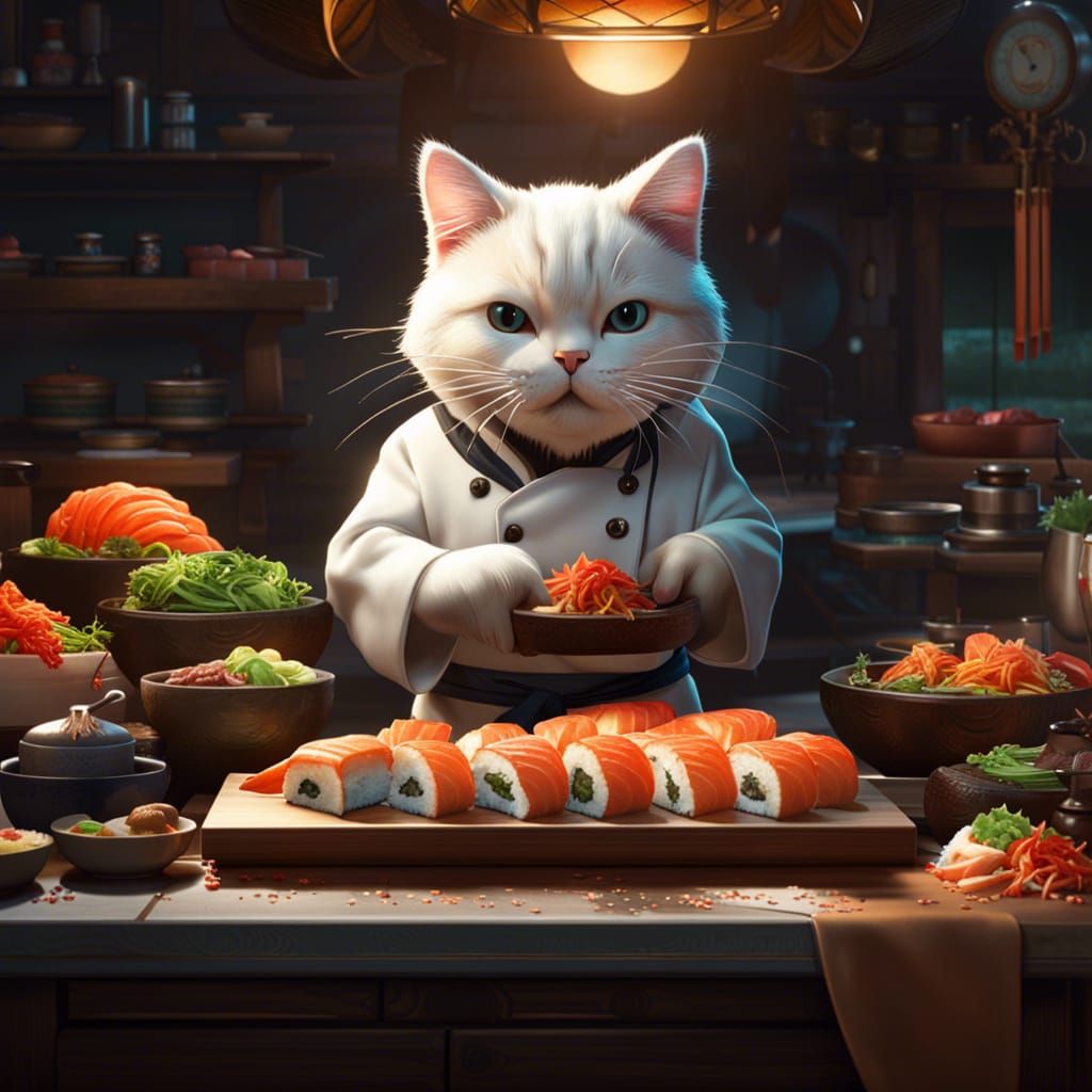 Hyperdetailed Cat Chef Prepares Sushi