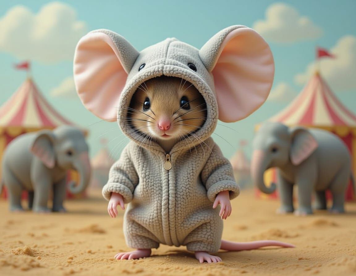 Mouse in Elephant Costume at Circus with Flying Elephants