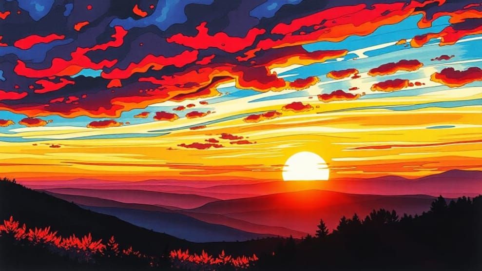 Cubist Ink Poster of a Glorious Sunrise