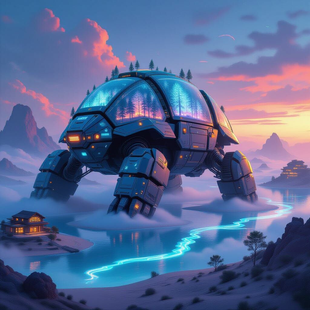 Mechanical Armadillo with Glowing Forests in Neon Surrealism...