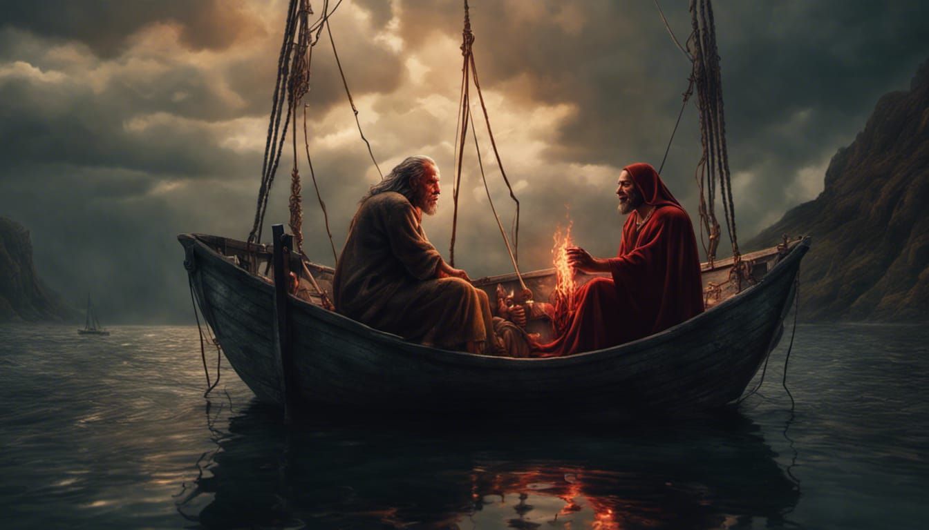 Jesus and Devil Fishing: Detailed Fantasy Art