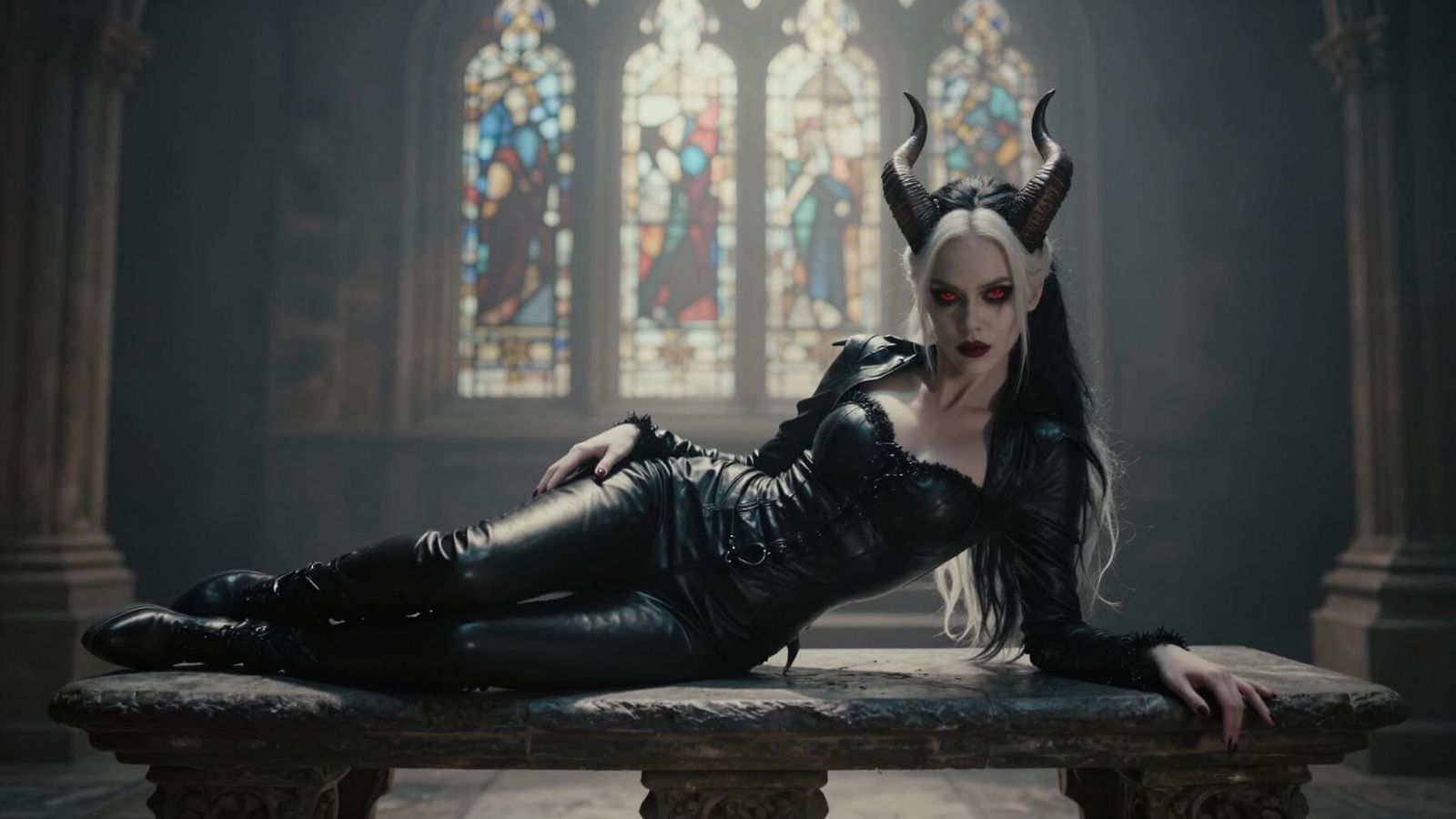 Gothic Femme Fatale with Red Eyes and Horns