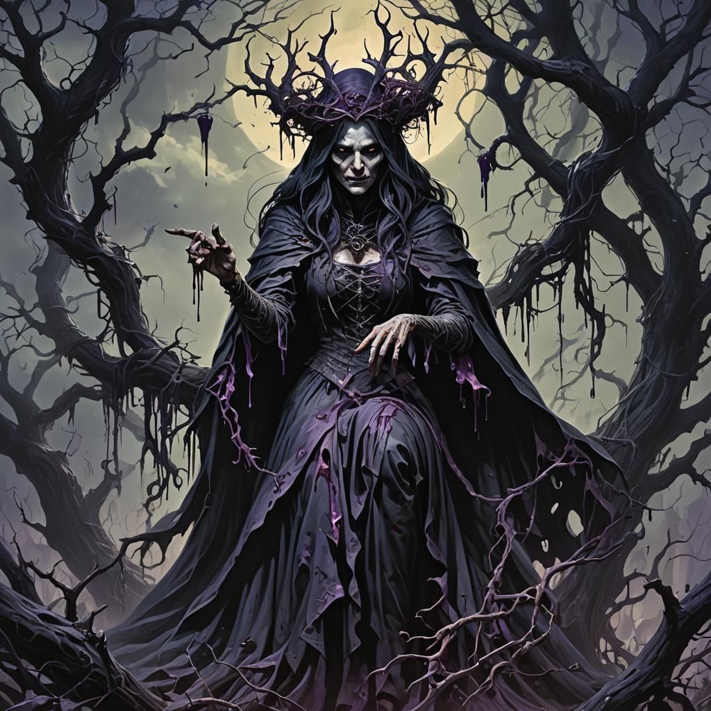 Creepy Witch Manipulating Vines in Isometric Horror Style