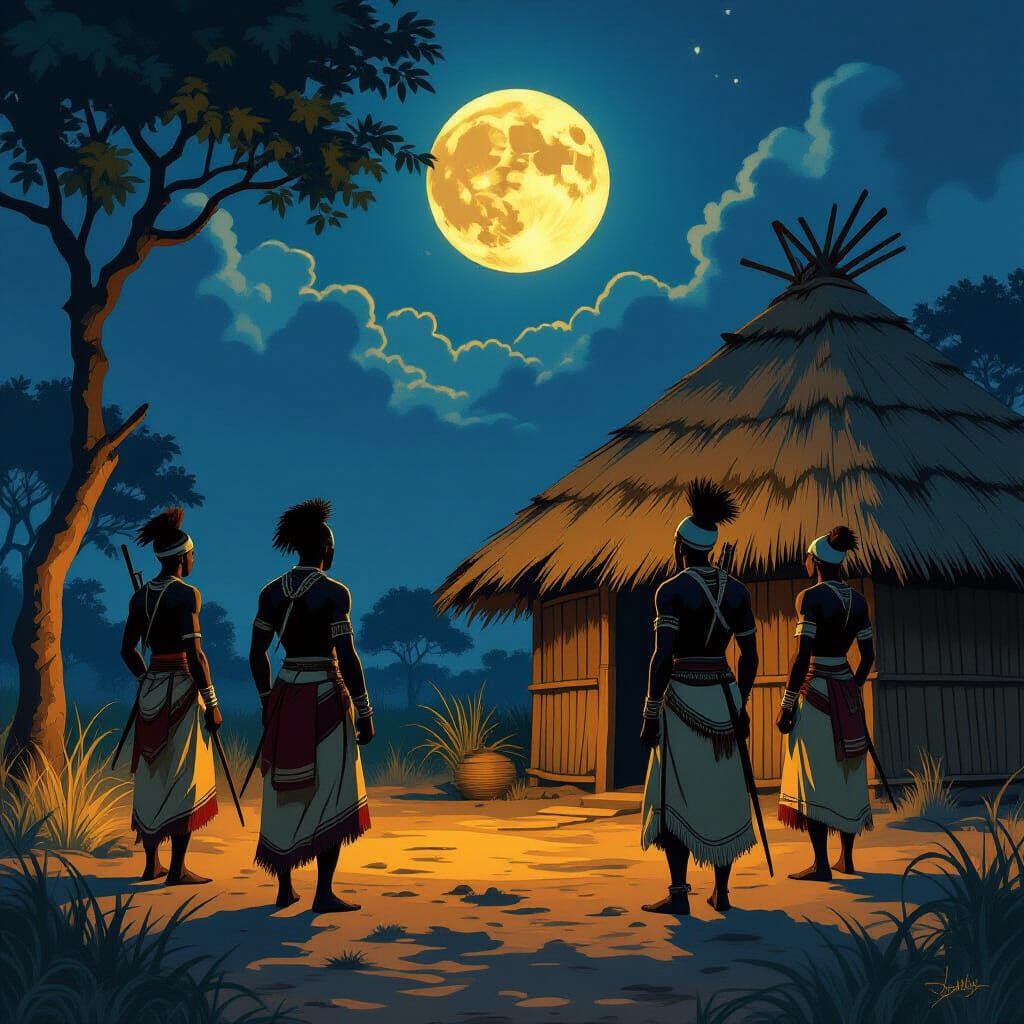 African Warriors Guarding Hut Under Moonlight
