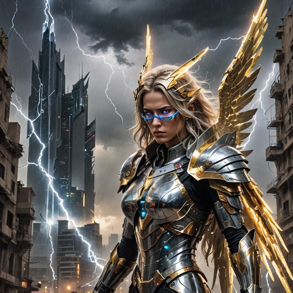 Archangel in Cyberpunk Armor with Celestial Jerusalem