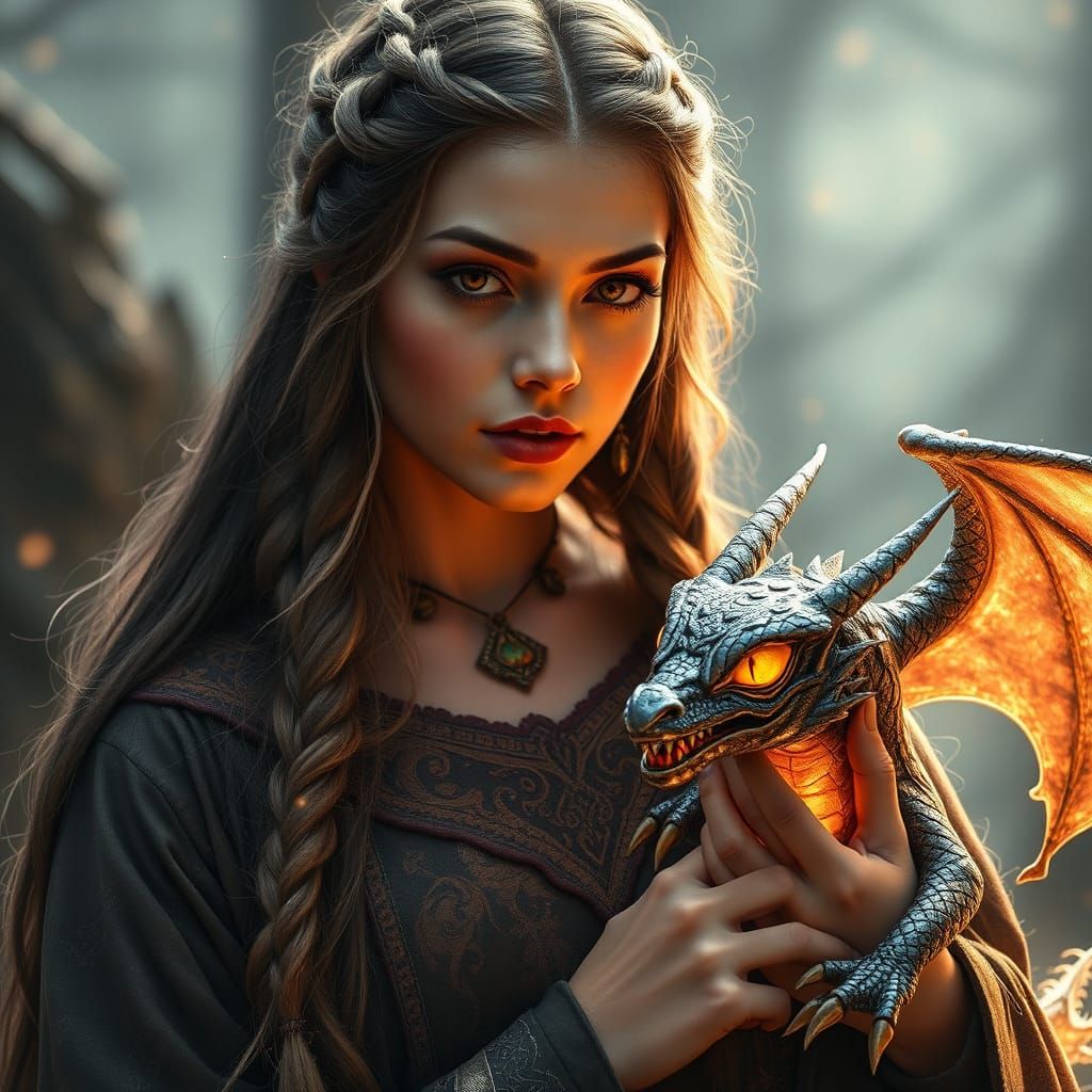 Enchantress with Energy Dragon in Ethereal Setting