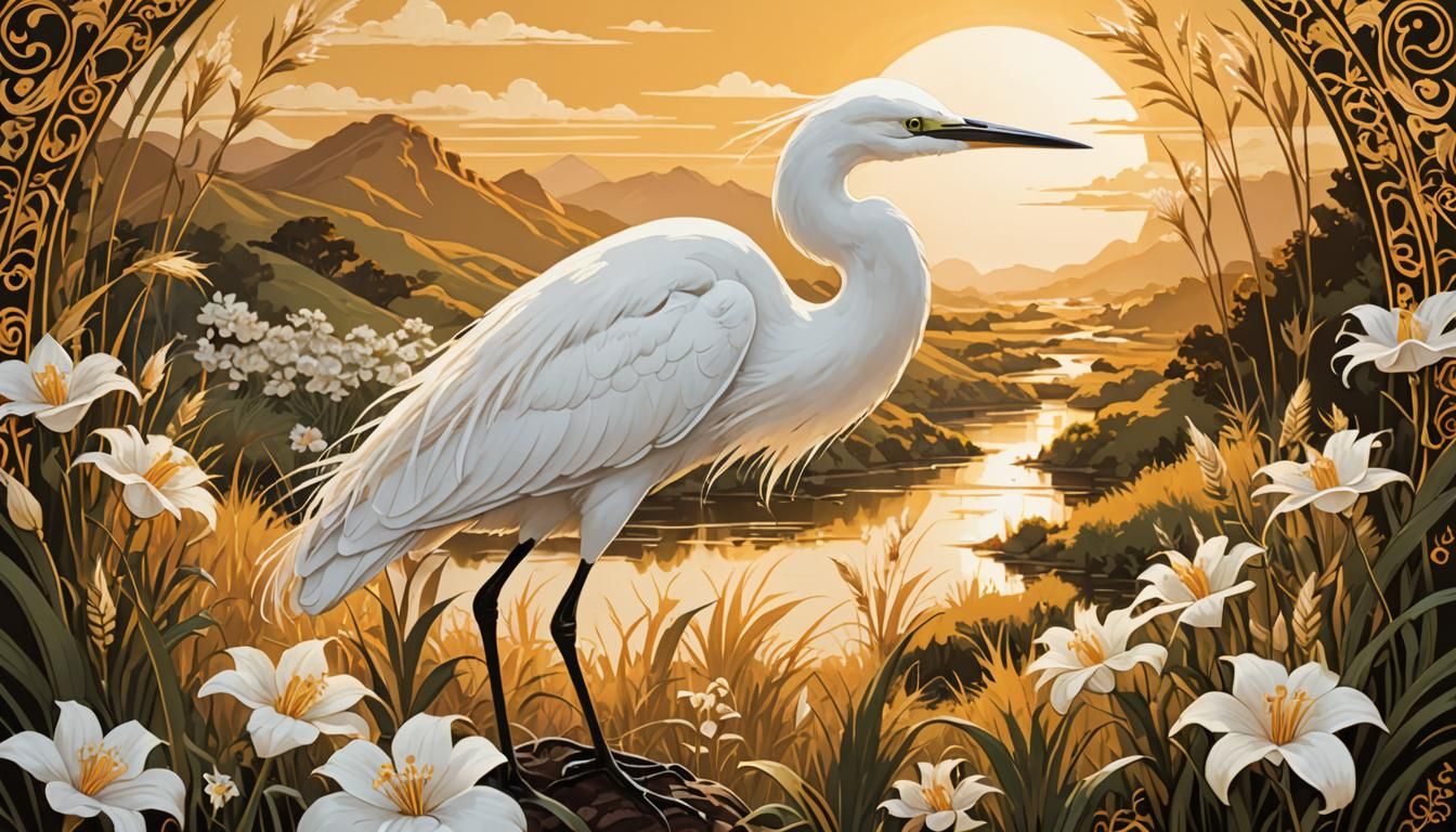 Elegant Egret Silhouette in Golden Landscape