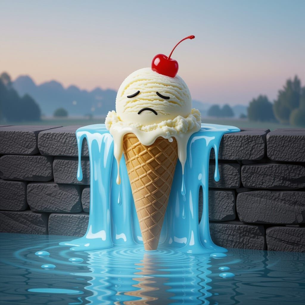 Melting Ice Cream Cone Falls as Tears Over Wall