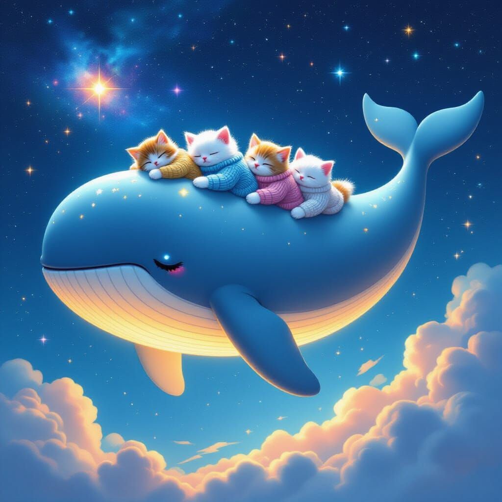 Glowing Whale Transports Kittens Through Starry Sky