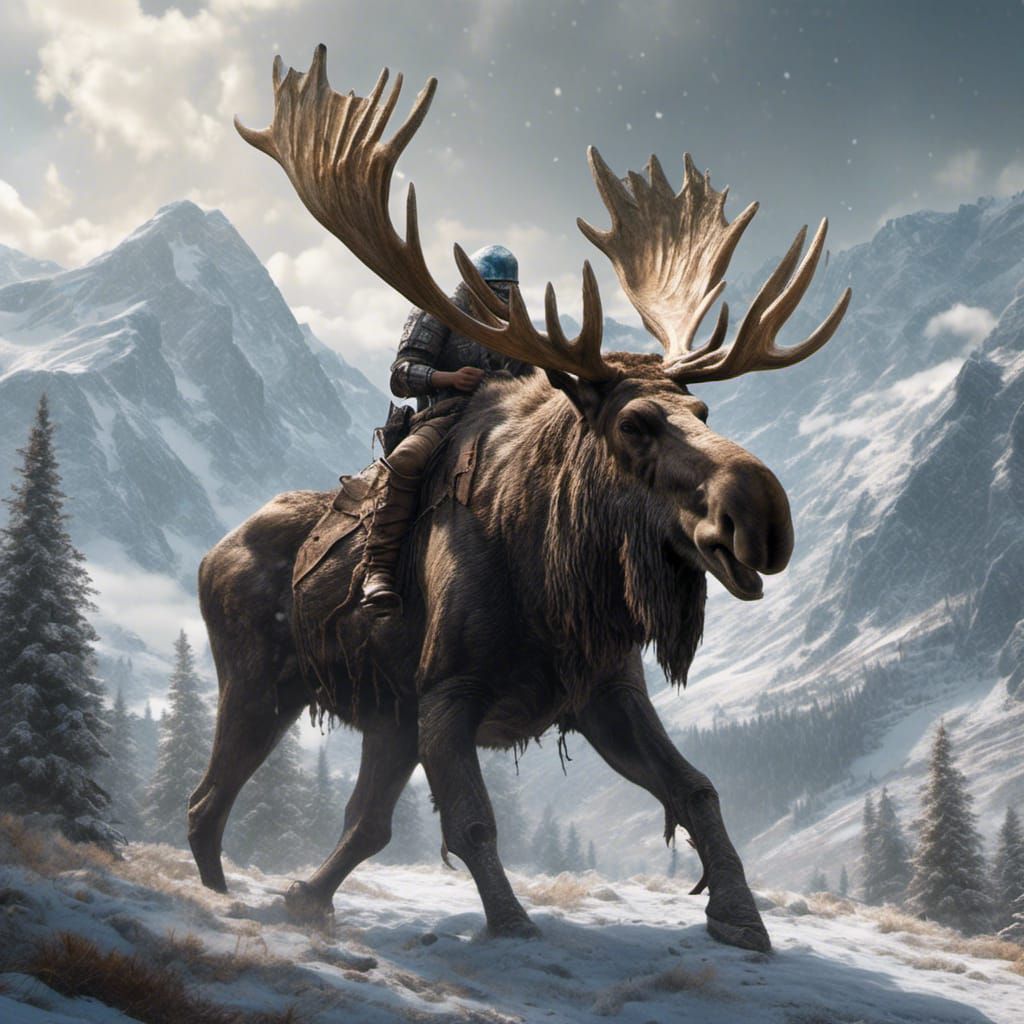 Armored Orc on Moose in Snowy Mountains, Hyperrealistic