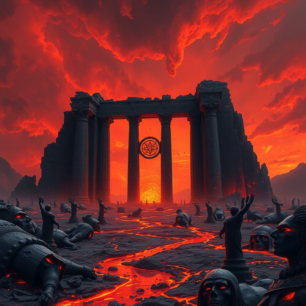 Ruined Gate on Volcanic Plain in Dystopian Style