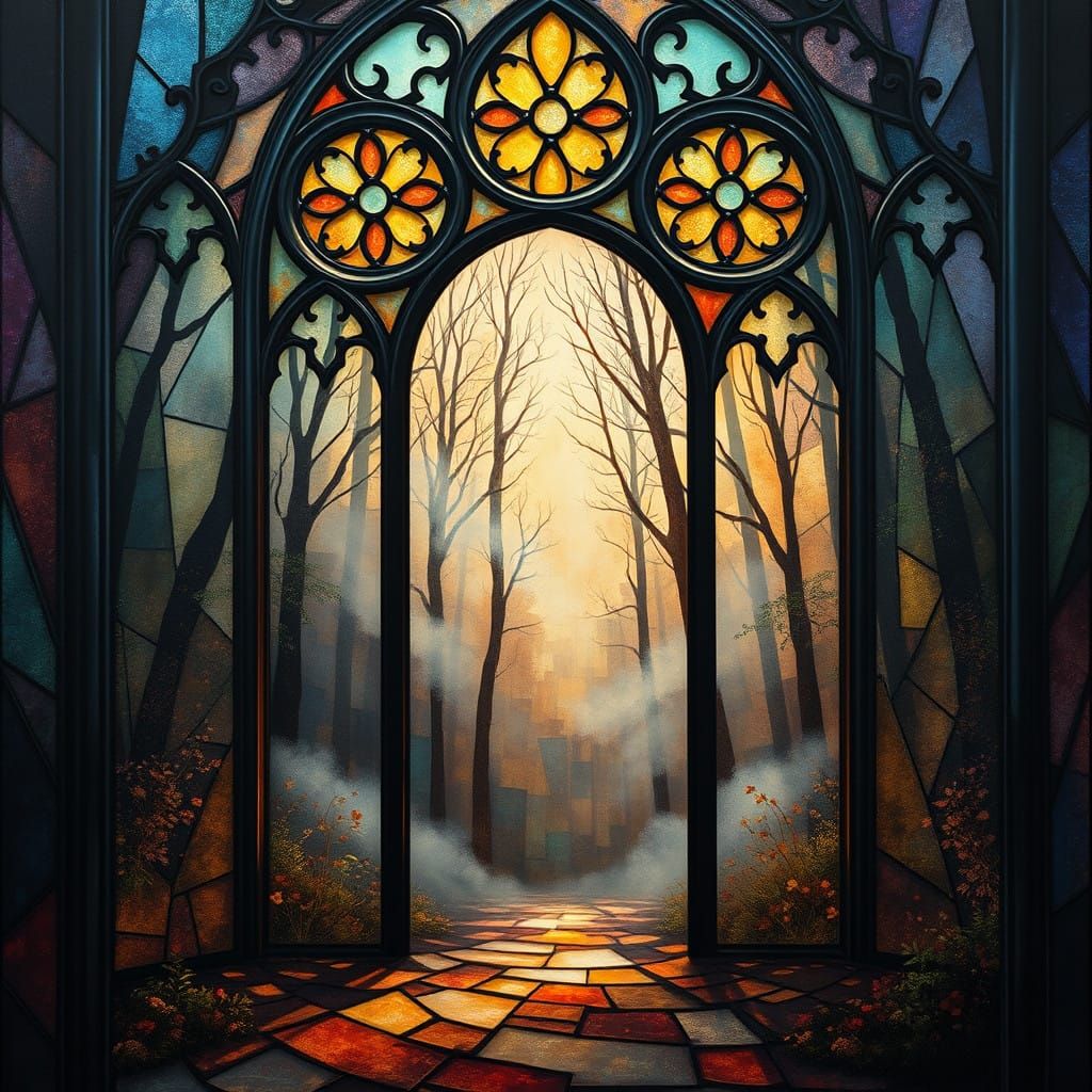 Hyperdetailed Gothic Stained Glass Window Scene with Mystica...