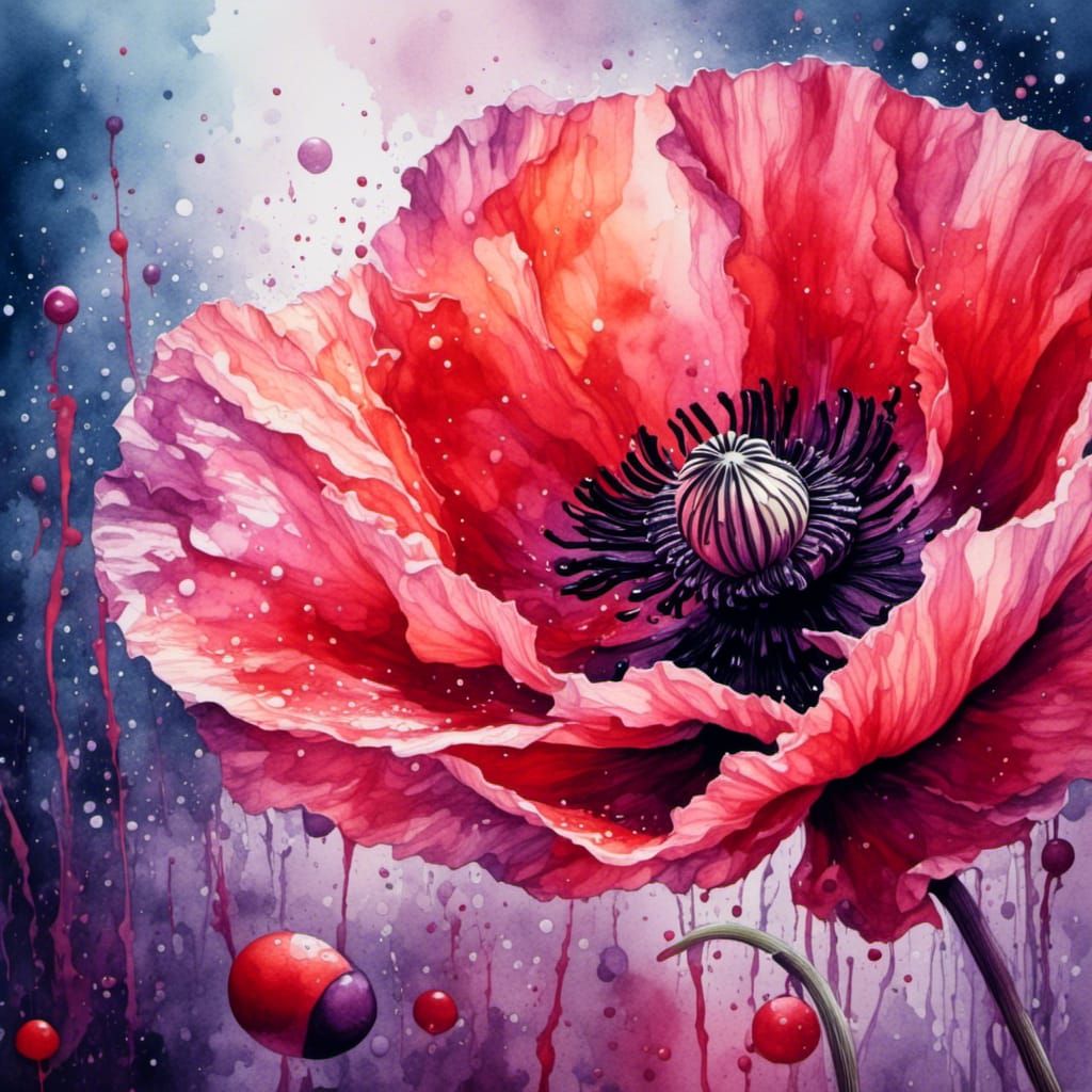 Radiant Poppy Flower in Splashed Watercolor Style