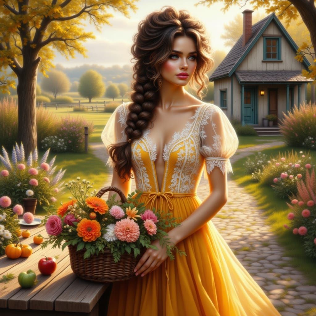 Autumn Boho Woman with Flower Basket in Rustic Village