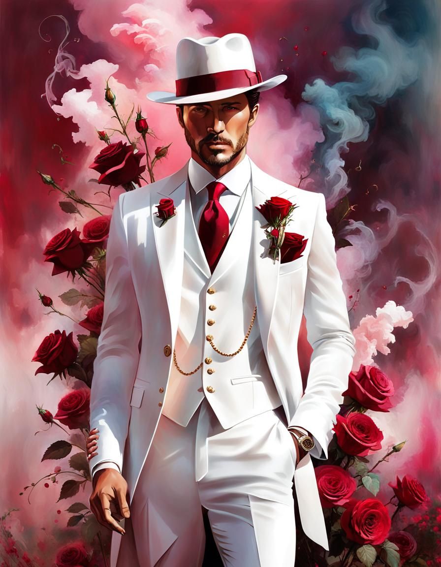 Elegant Gentleman with Roses in Smoky Ambiance