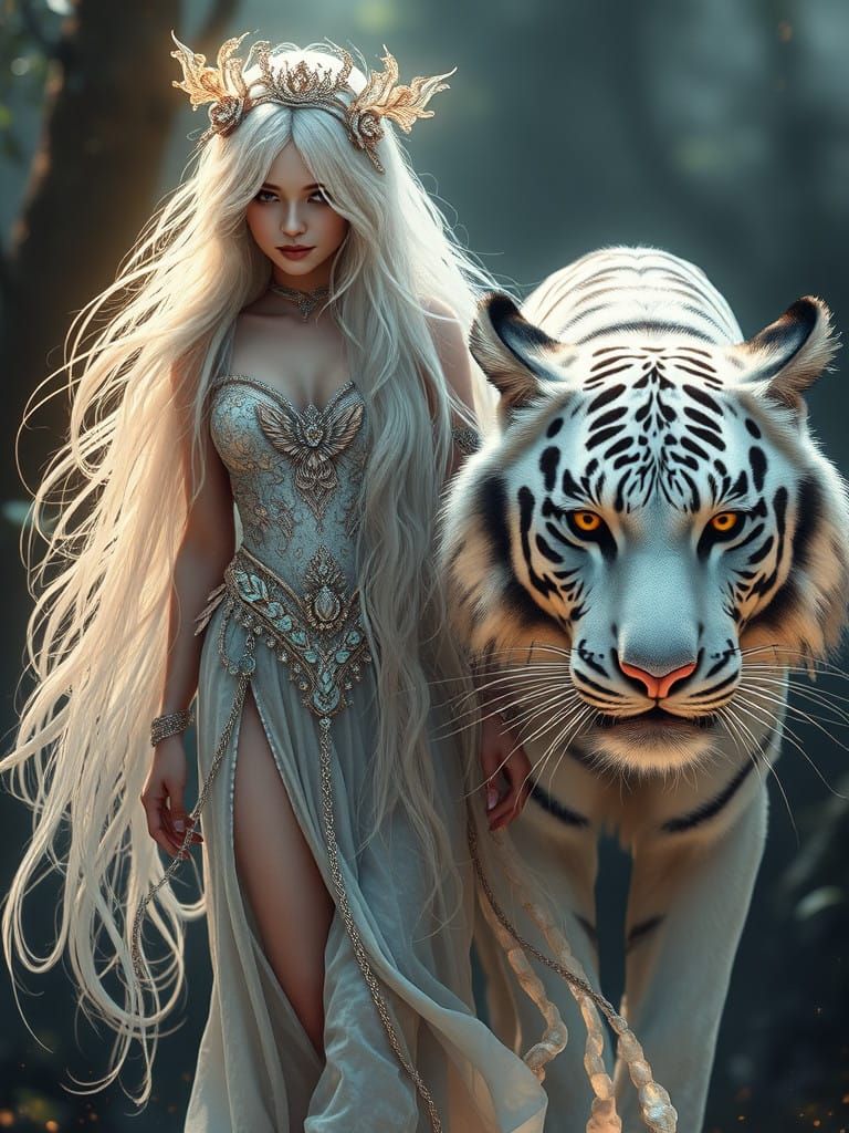 Hyperrealistic fairy queen with long white hair walking with...