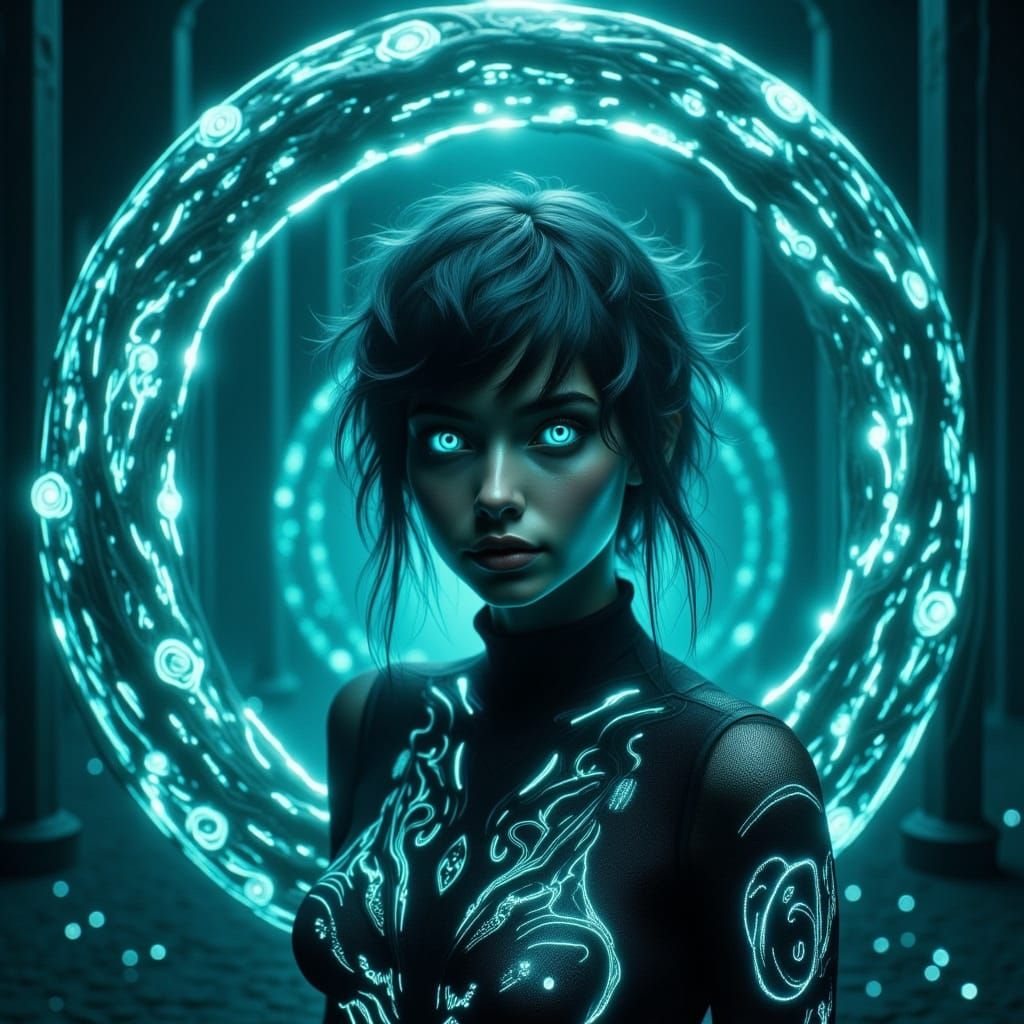 Ethereal Woman in Bioluminescent Glow, Dark Academia Style