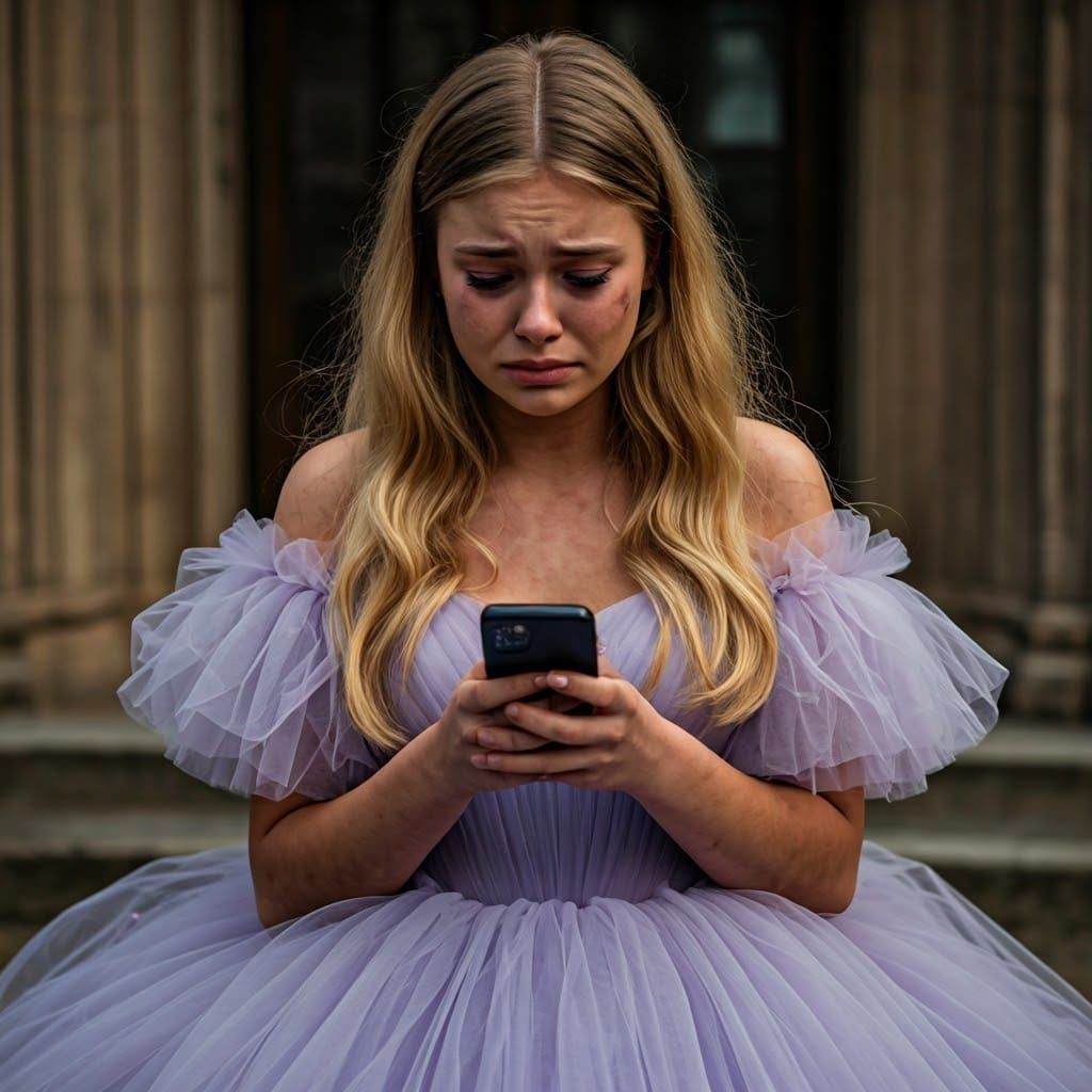 Teen Girl Cries in Prom Dress: Hyperrealistic Photo