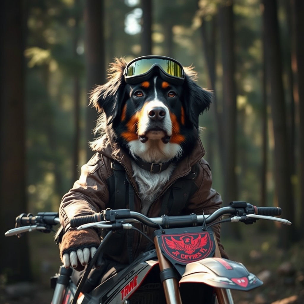 Bernese Mountain Dog Rides Dirt Bike in Woods