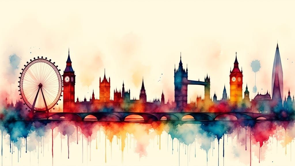 Vibrant Watercolor London Skyline with Iconic Landmarks