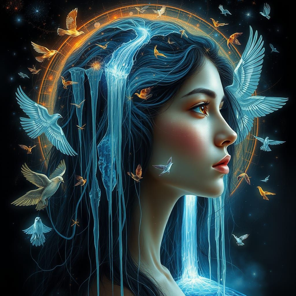 Surreal Portrait of a Person with Hair as a Serene Waterfall