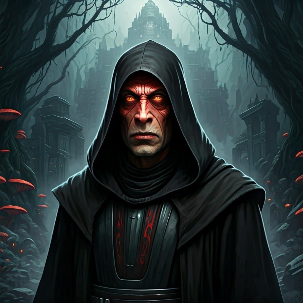 Mysterious Sith Lord in Dark Fantasy Landscape